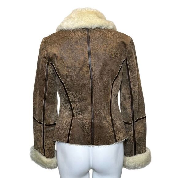 Express vintage Y2K brown leather faux fur lined zip up jacket size 8 - Picture 6 of 13